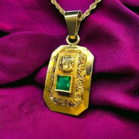 18k Yellow Gold Pre Columbian Tumi Natural Emerald Necklace 18" 3.3g 14k Chain - Picture 14 of 15